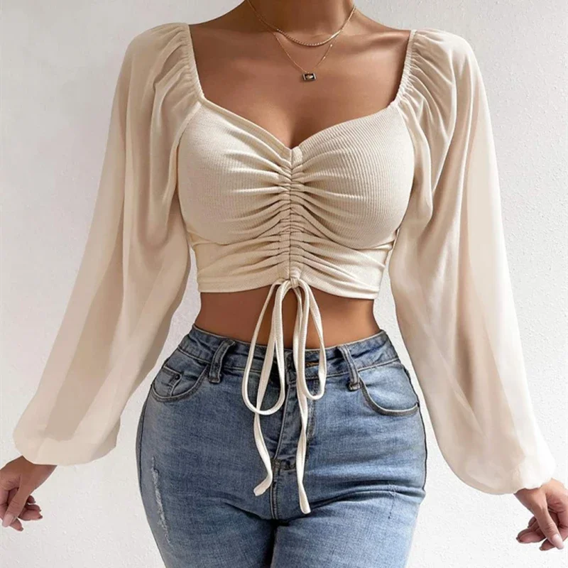 

2024 New Women's Low-cut Sexy V-neck Splicing Chiffon Drawstring Lantern Slimming Top