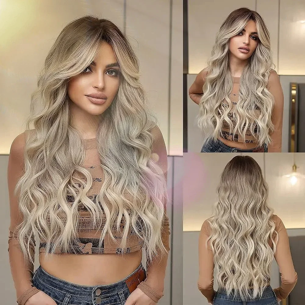 

Ombre Blonde Wavy Wig with Bangs Long Gradient Wig Realistic Synthetic Wig High Temperature Hair for Women Natural Daily Party