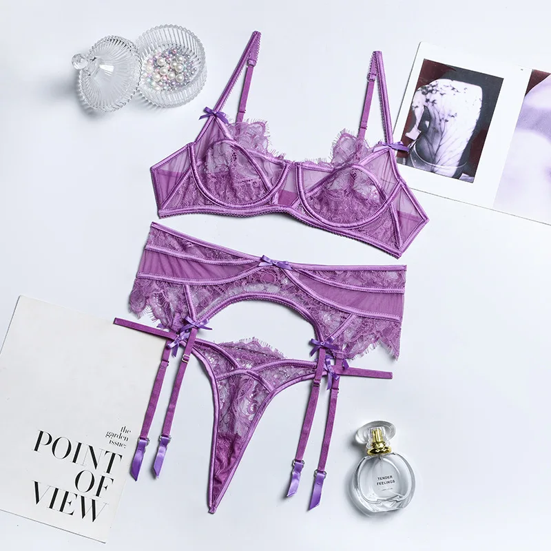 Sexy Bra Set Embroidery Lace Underwire Transparent Unlined Brassiere Thong Whit Garter Underwear Set 
Sexy Bra Set Embroidery Lace Underwire Transparent Unlined Brassiere Thong Whit Garter Underwear Set