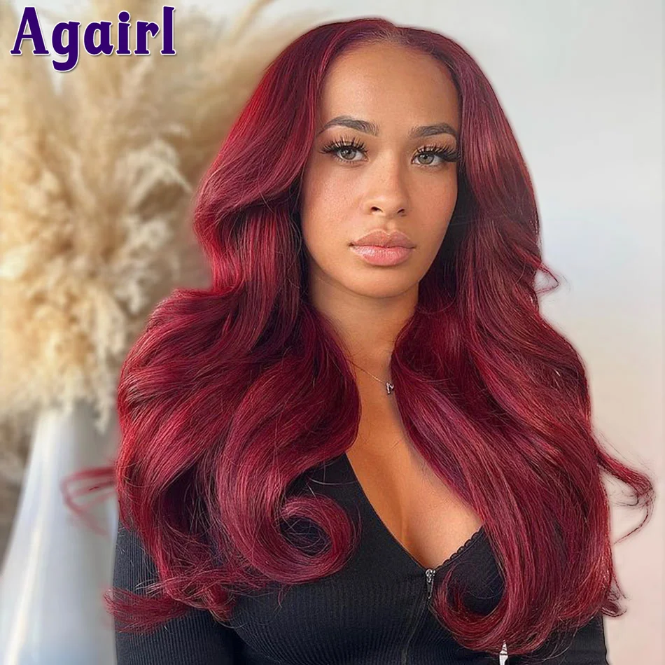 

13X6 Red Burgundy Glueless Body Wave Human Hair Wigs 13x4 Lace Frontal Wig PrePlucked Wear Go Transparent 6X4 Lace Closure Wig