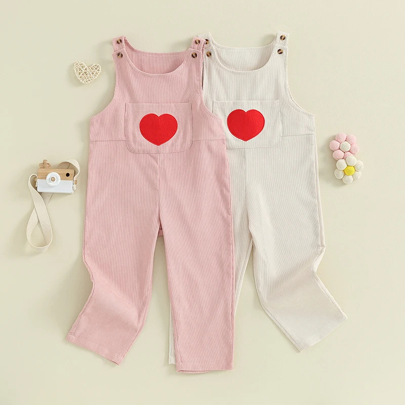 

Kids Girls Overalls Sweet Corduroy Button Closure Heart Pants Clothes with Pocket for Casual Daily Valentine's Day Clothes