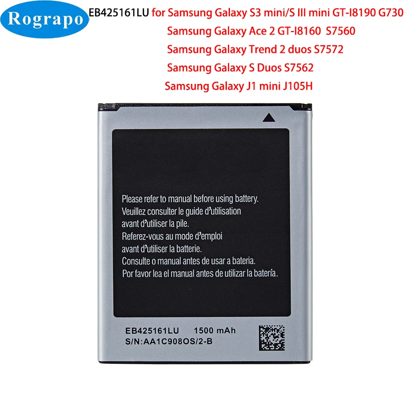 

Новый аккумулятор 1500 мАч EB425161LU для Samsung GALAXY S III S3 Mini I8190 ACE II 2 I8160 S7560 S7562 S7566 S7568 S7572 S7580 S7582