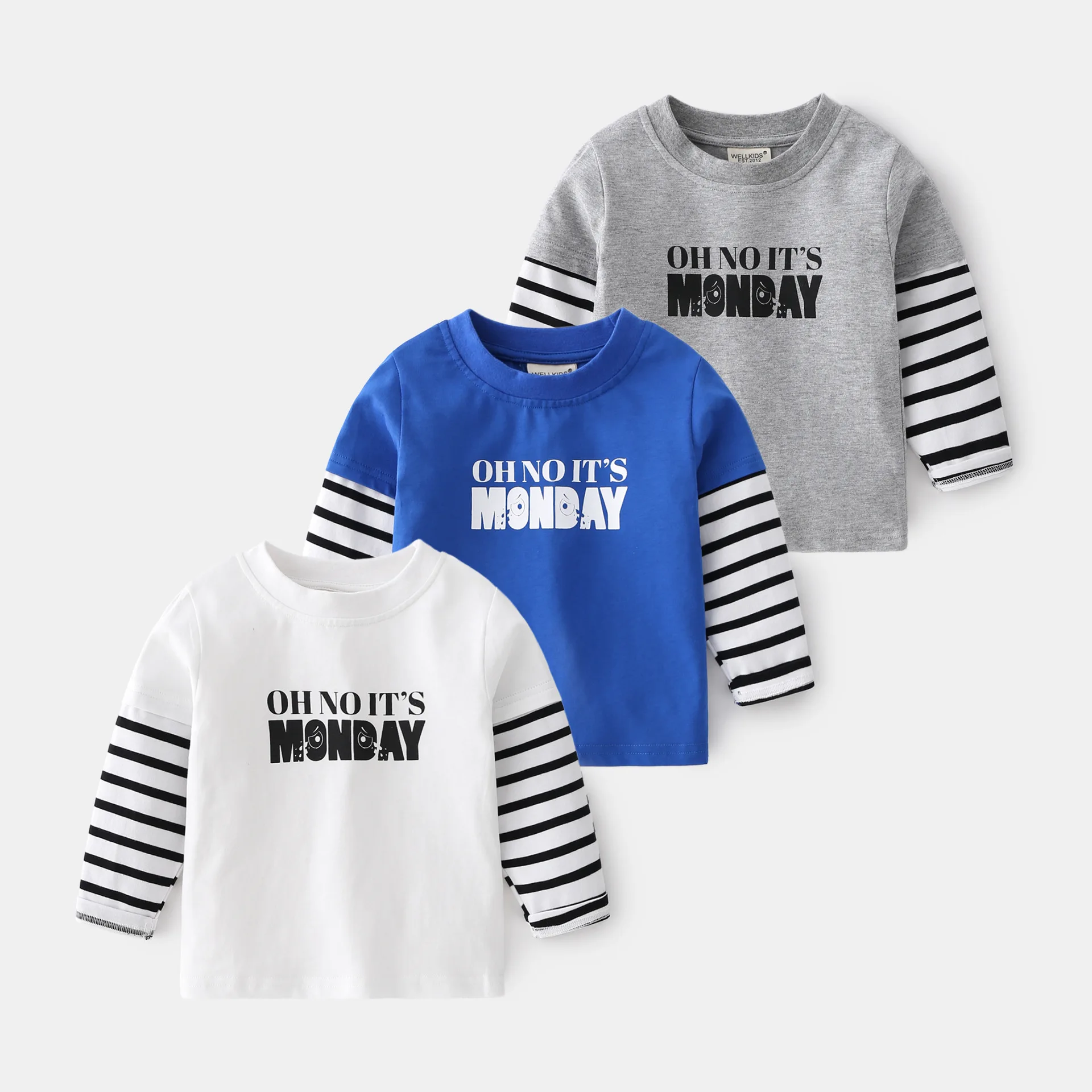 

Spring Autumn Boys' Long Sleeve Casual Cotton Round Neck Spliced Striped T-shirt Kids Color-Block Printed Letter Top, Ages 3-8