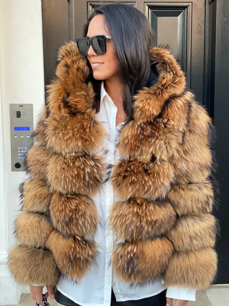 

Europa y América 2021, chaqueta de piel de mapache pesada Natural con capucha grande de invierno para mujer, abrigo de piel Real
