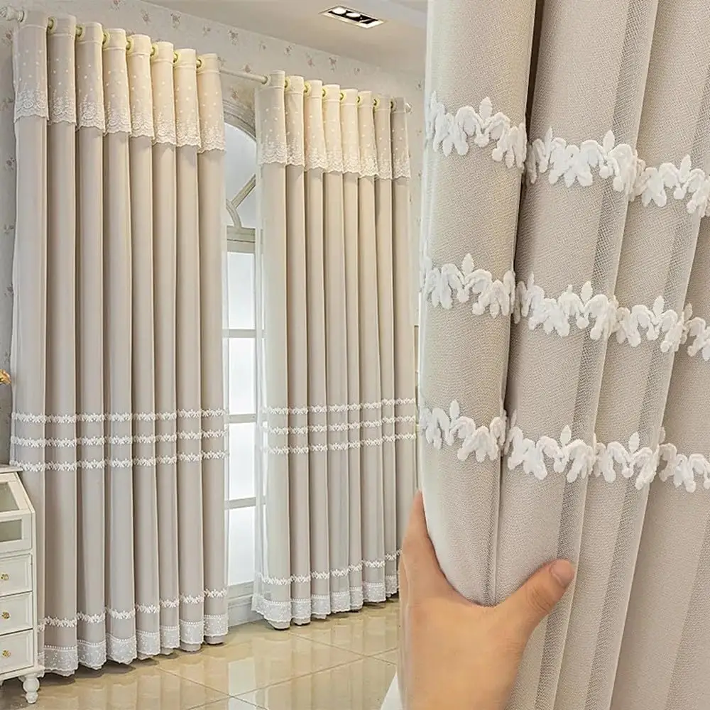 

1 Panel 140cm Width Double Layer Striped Curtain for Girls Room Living Room Embroidered Curtain with Valance for Bedroom