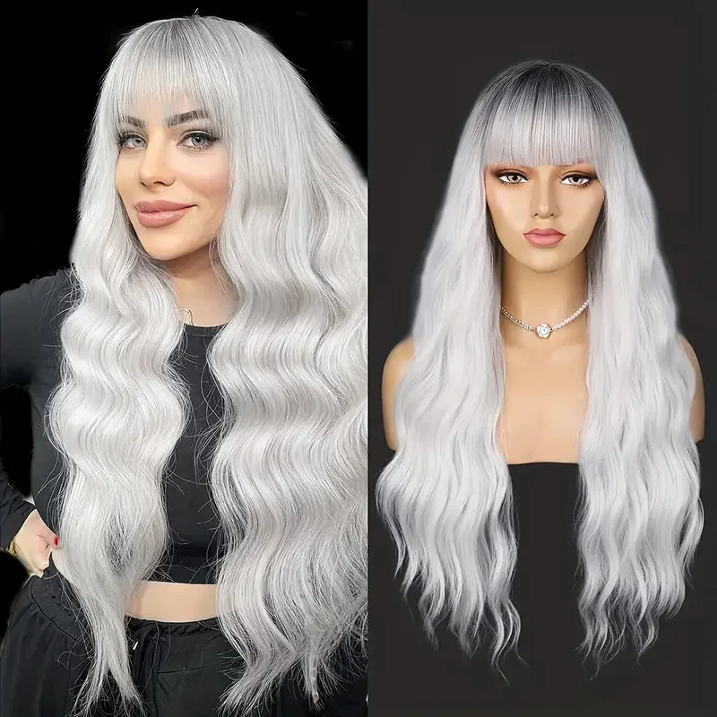 

Blonde Wavy Synthetic Wigs Long 28 Inches White With Bangs Cosplay Lolita Party Wigs For Women Natural Heat Resistant