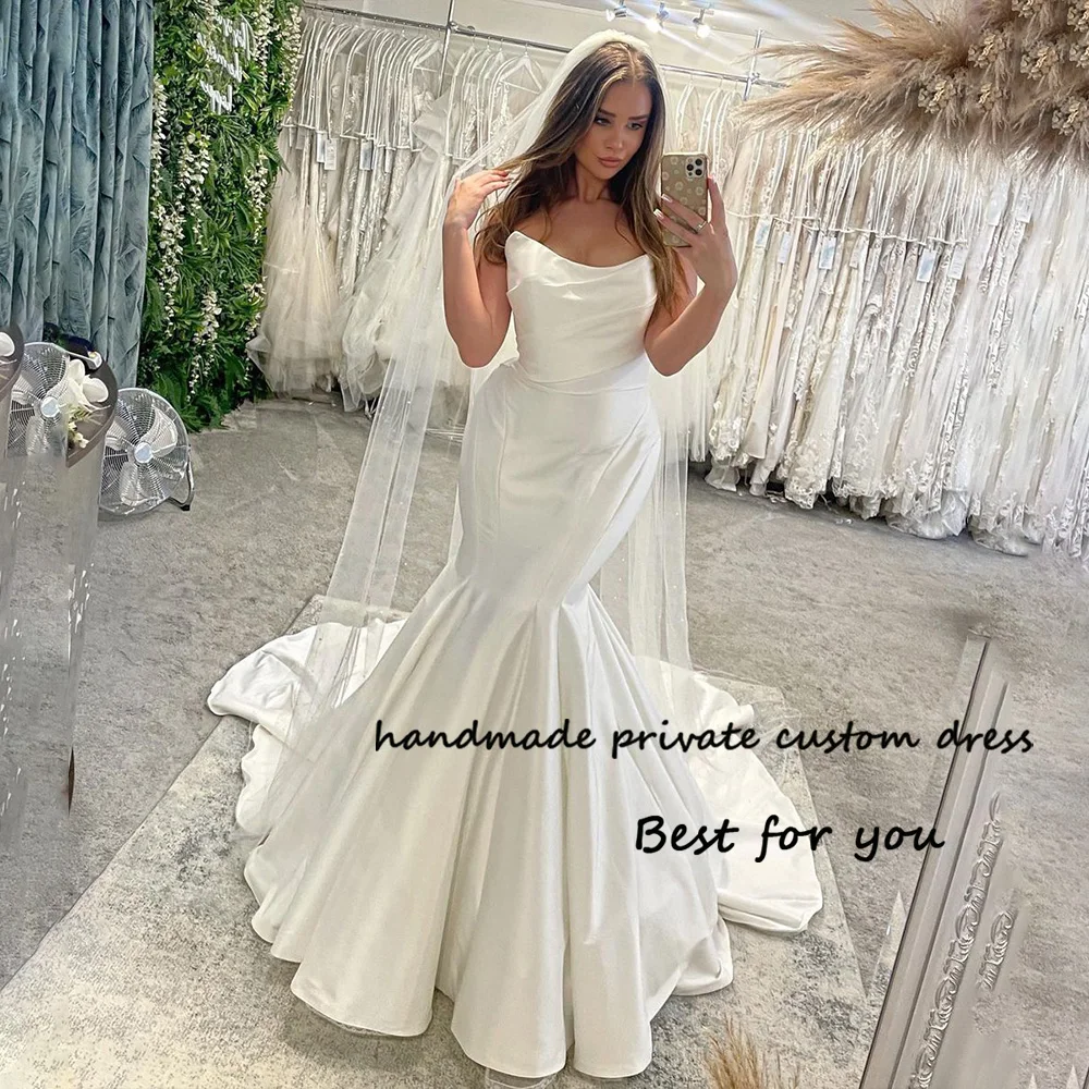 

Ivory Satin Mermaid Wedding Dresses for Bride Pleats Strapless Bridal Gowns with Train Backless Simple Civil Bride Dress
