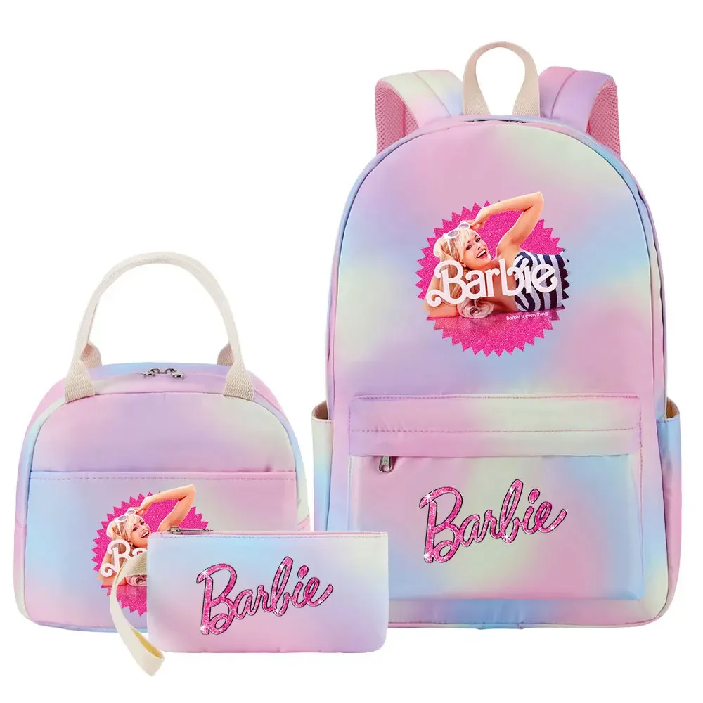 

3PC-SET MINISO Live-action Movie Barbie Peripherals Primary and Secondary School Students School Bag Lunch Bag Backpack