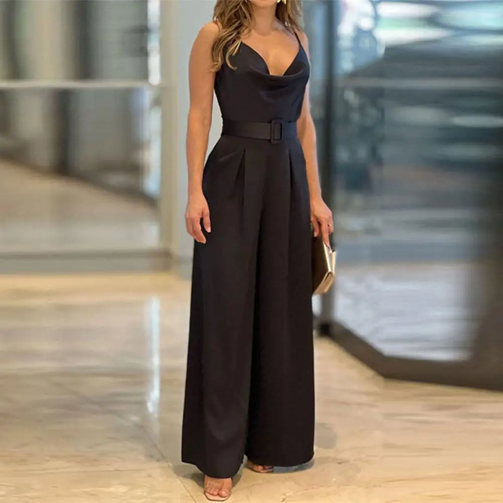 

Summer Jumpsuit Elegant Backless V Neck Jumpsuit with Adjustable Straps High Waist Belted Wide Leg Pants Pure Color Ol for Women