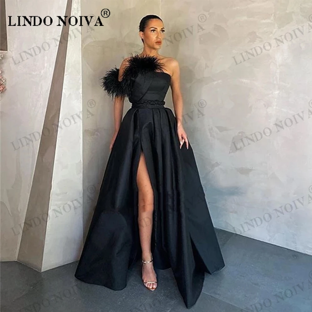 

LINDO NOIVA Black Satin Long Prom Gowns with Pockets Feather High Side Slit Formal Evening Dress Women Party Cocktail Dress