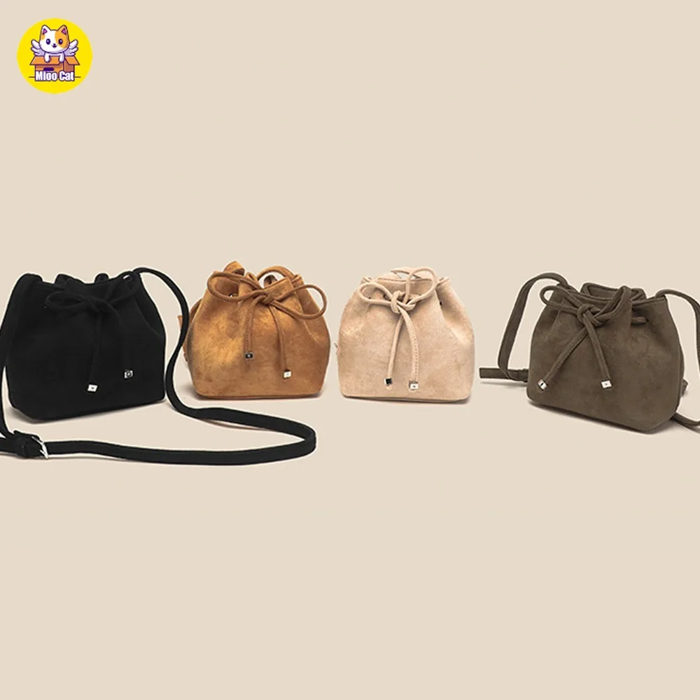 

Simple Faux Suede Bucket Bag Designer Crossbody Purse Pleated Drawstring Handbags Chic High Quality Shoulder Bag сумка 가방