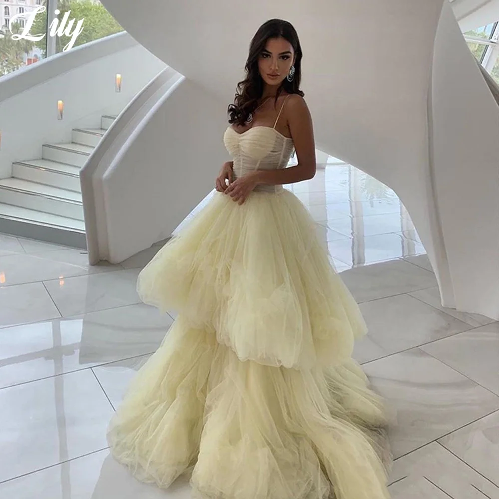 

Lily Yellow Prom Dresses Gown Spaghetti Strap Sweetheart Formal Gown Tiered Layer Net Charming Evening Gown vestidos de noche