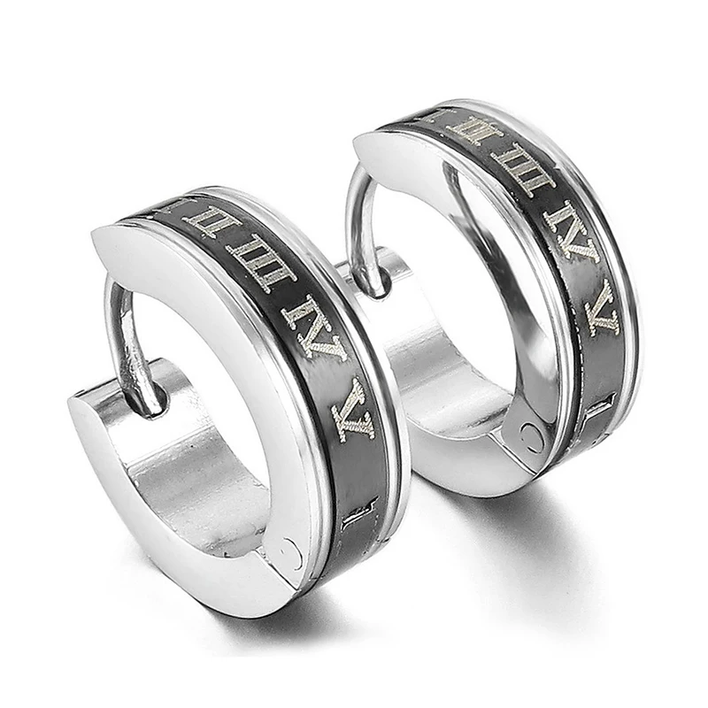 

Stainless steel stud plugs hoop earrings ear studs Black Silver Roman numerals classic polished men, women