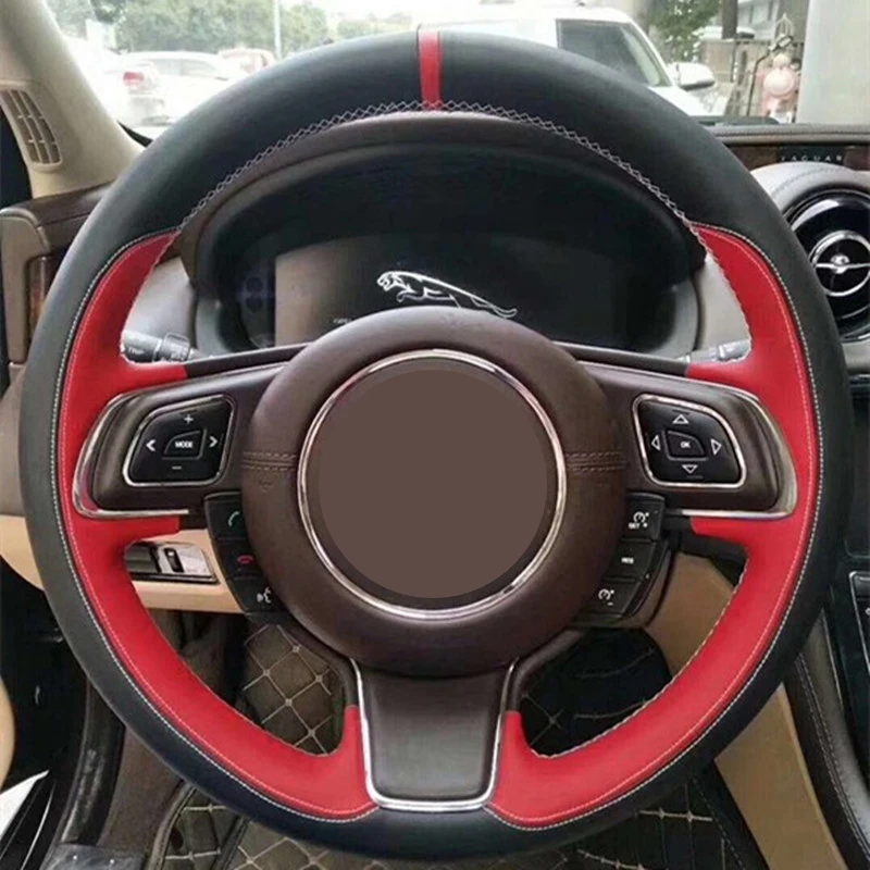 

Hand-Sewn Black Red Artificial Leather Car Steering Wheel Cover For Jaguar XFL F-TYPE F-PACE XE XF XJL E-PACE Car Accessories