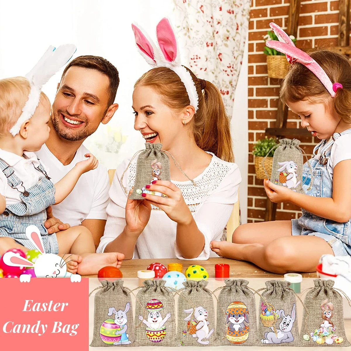 

10pcs Easter Bunny Burlap Gift Bags with Drawstring Rabbit Linen Candy Bags Treat Sacks Gift Packaging Bag Easter Party Favors