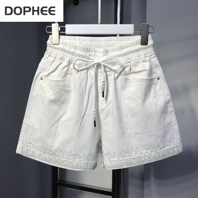 

Colored Hot-drilled Jeans Shorts Mujer 2022 New Summer Stretch Elastic High Waist Hot Shorts Loose Wide Leg Women Denim Shorts