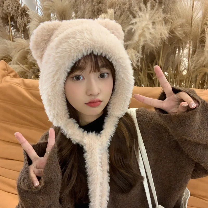 

Cute Bear Ears Plush Hat Winter Beanies Warm Lace-up Ear Protection Knitted Bomber Cap Bonnets Knitting Korea Women Warm Gorros