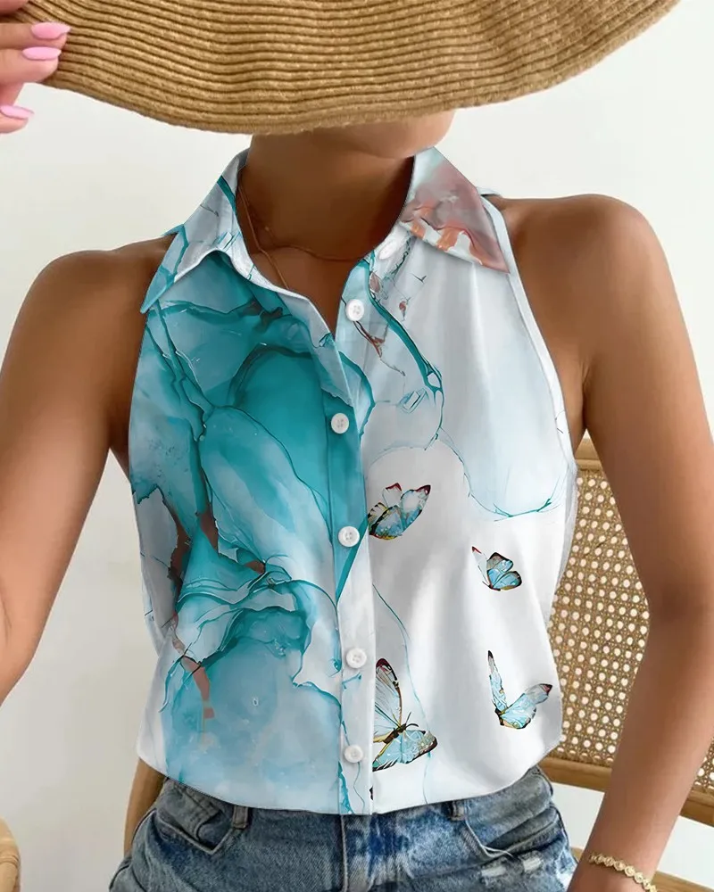 

Printed Women's Shirt Blusas Summer Casual Fashion Off Shoulder Sleeveless Abstract Mujer De Moda 2024 Verano Elegantes Blouse