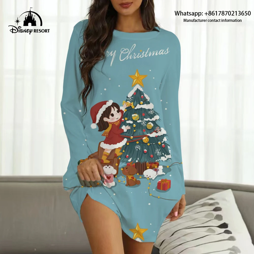 

Gift long-sleeved home dress for girlfriend, women's round neck pullover to knee dress, Christmas cartoon 3D printed home dress