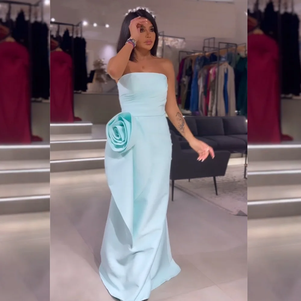 

Prom Dress Jersey Flower Pleat Cocktail Party A-line Strapless Bespoke Occasion Gown Long Dresses Saudi Arabia Evening