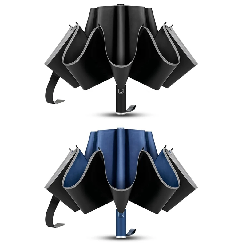 

2 PCS Travel Umbrella, Unbreakable 10 RIBS Umbrella, Black & Blue Metal+Cloth For Rain & Sun, Automatic, Foldable Reverse