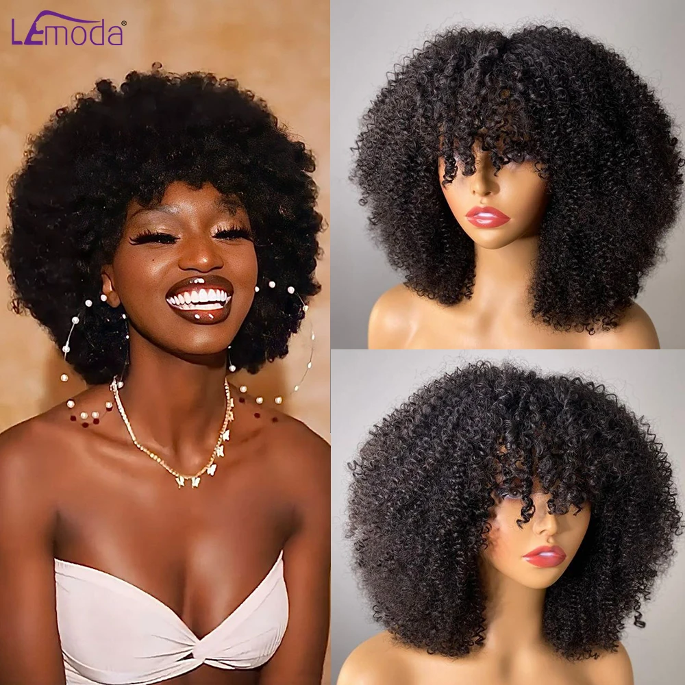 

Afro Kinky Curly Human Hair Wigs With Bangs Full Machine Made Lemoda Brazilian Remy Hair Wigs For Women 180% Density Tops