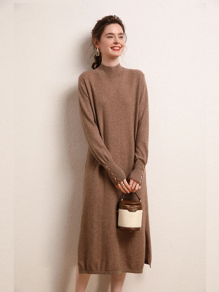 

High-end 100% Cashmere Long Dress Women Fashion Knitted Dresses Female Loose Long Sleeve Mock-Neck Pullover Dress 3 Colors