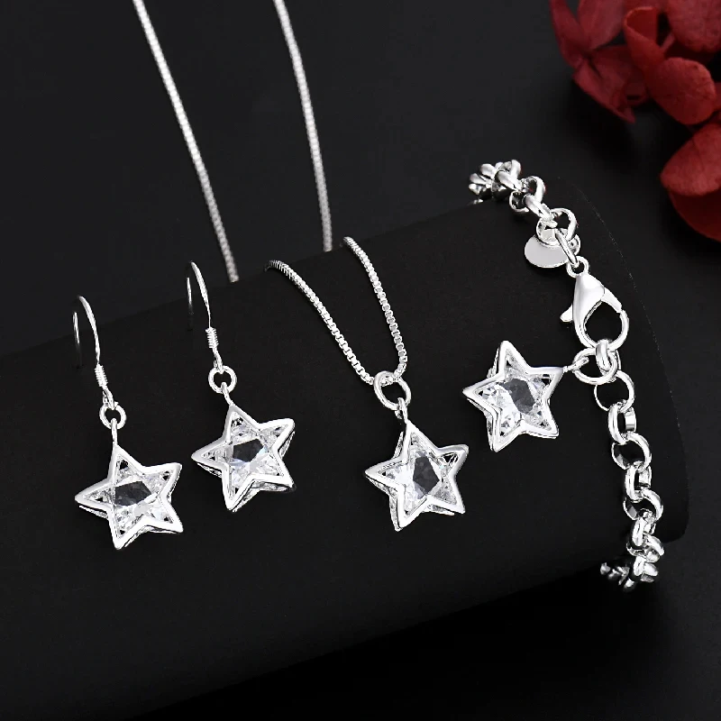 

Popular Brands 925 Sterling Silver pretty Crystal Star necklace earring bracelet Jewelry set Women Fashion Wedding accessories