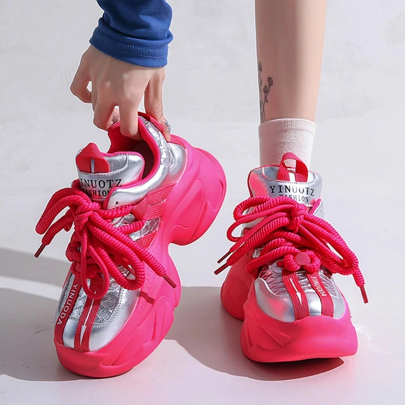 

Mix Color Chunky Platform Sneakers Women Fashion Lace Up Thick Bottom Dad Shoes Woman 2024 Autumn Non-Slip Vulcanize Shoes Mujer