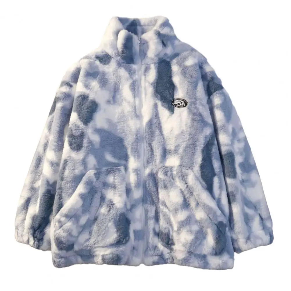 

Women Coat Thickened Plush Stand Collar Neck Protection Long Sleeve Zipper Closure Tie-dye Jacket