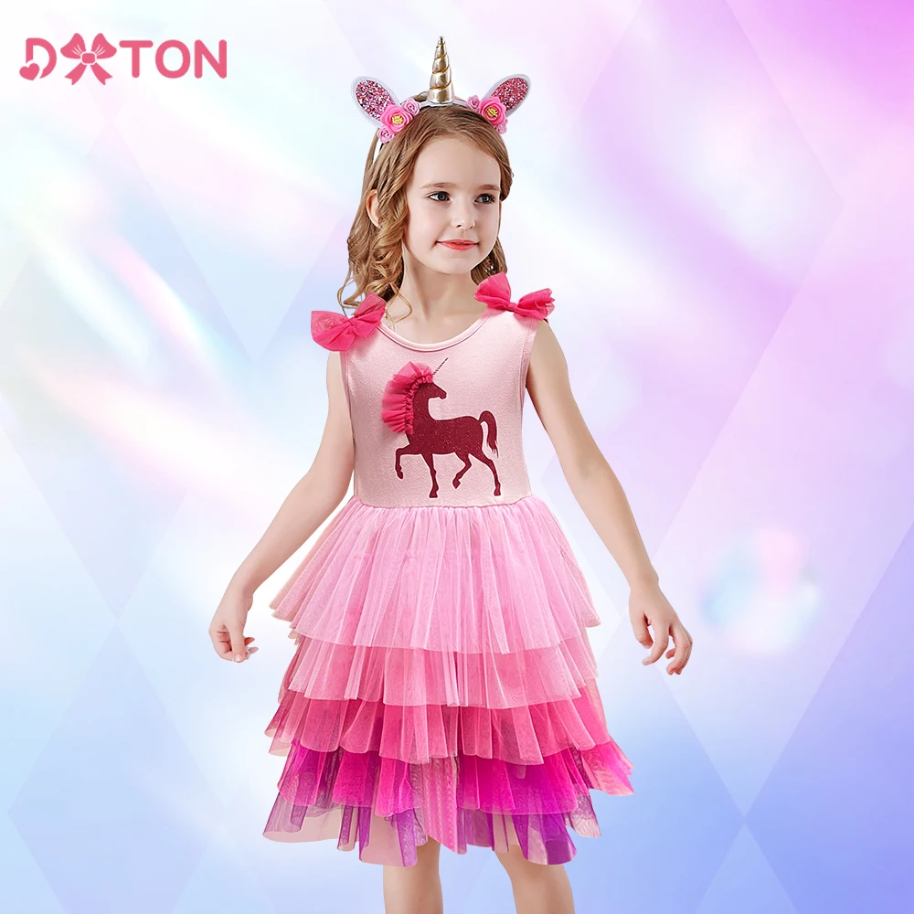 

DXTON Kids Layered Tutu Dress Girls Unicorn Cartoon Summer Sleeveless Dress Kids Dresses with Bow Knot Children Clothes 3-12 Yrs