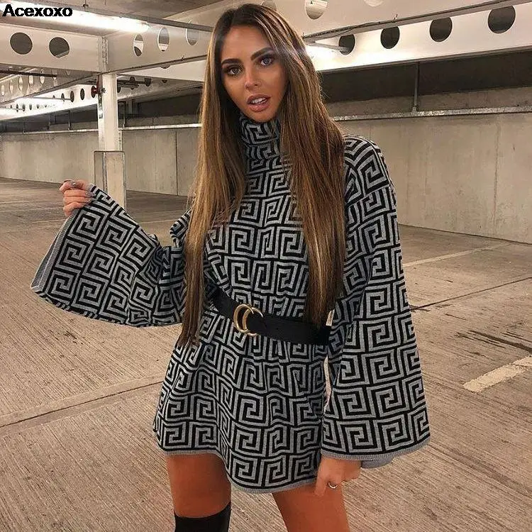 

New Europe and the United States 2023 autumn and winter loose high-neck corner sleeve knitted dress jacquard long lantern skirt