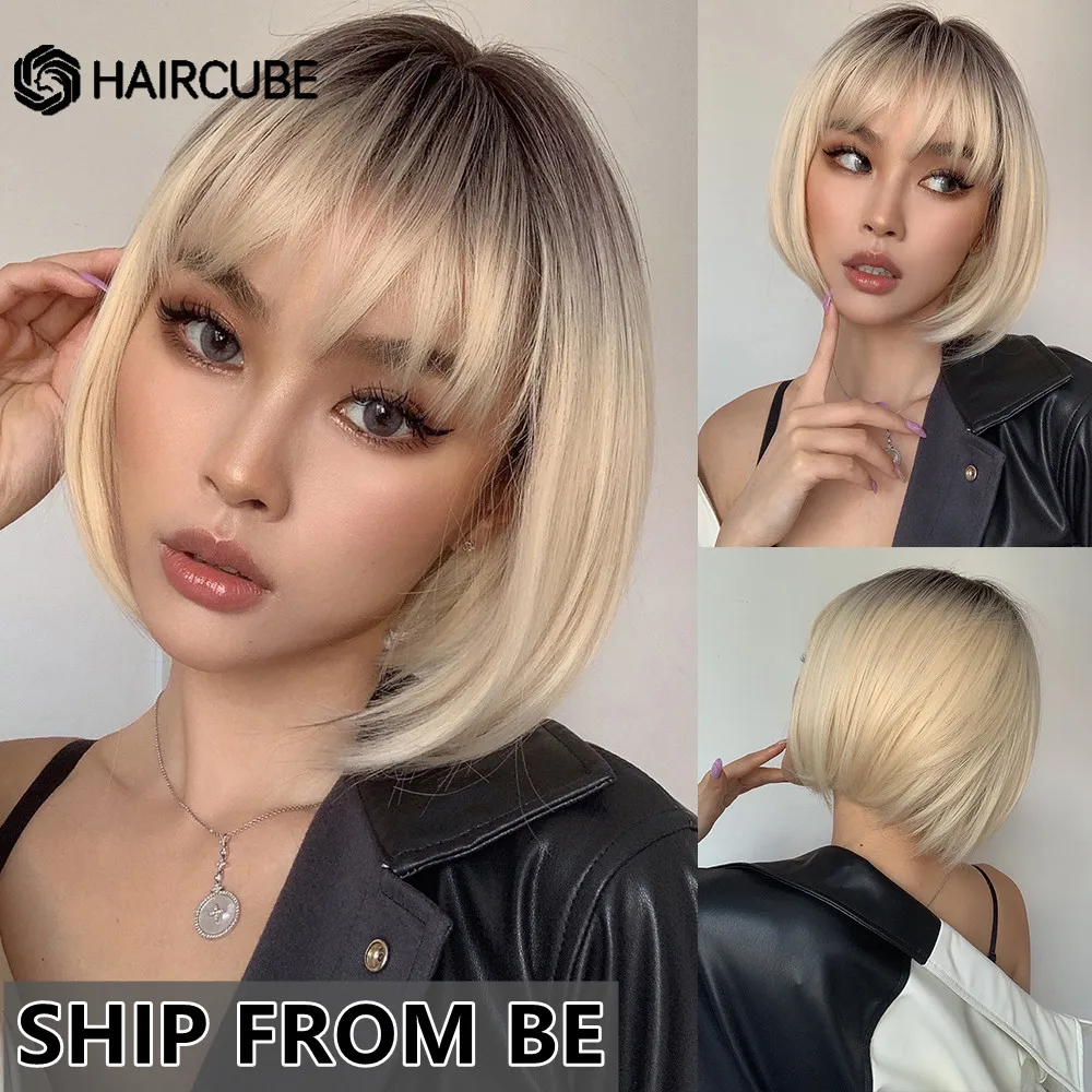 

HAIRCUBE Short Straight Bob Wigs Brown Blonde Platinum Ombre Synthetic Hair Wigs for Women Daily Lolita Natural Wigs With Bangs