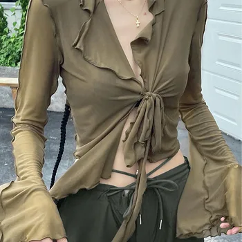ALOBEE: A Elegância Casual para a Temporada Primavera/Verão 2024 12 Irregular Ruffles Y2K Blouses Women Summer Flare Sleeve Bandage Crop Top Ladies Elegant Chic Hotsweet See Through Slim Blouses