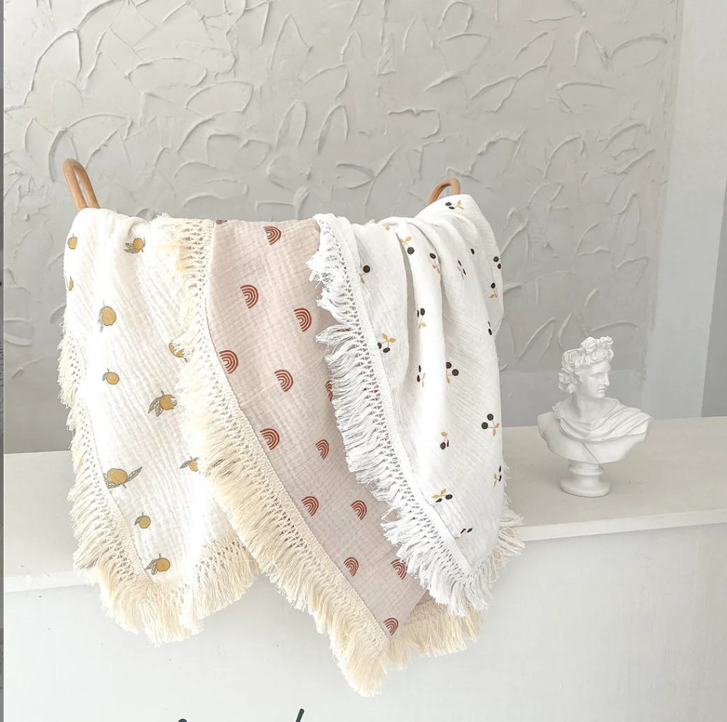 

120cm Baby Muslin Blanket Floral Newborn Swaddle Wrap Tassel Swaddling Receiving Blankets Stroller Crib Toddler Kids Bath Towels