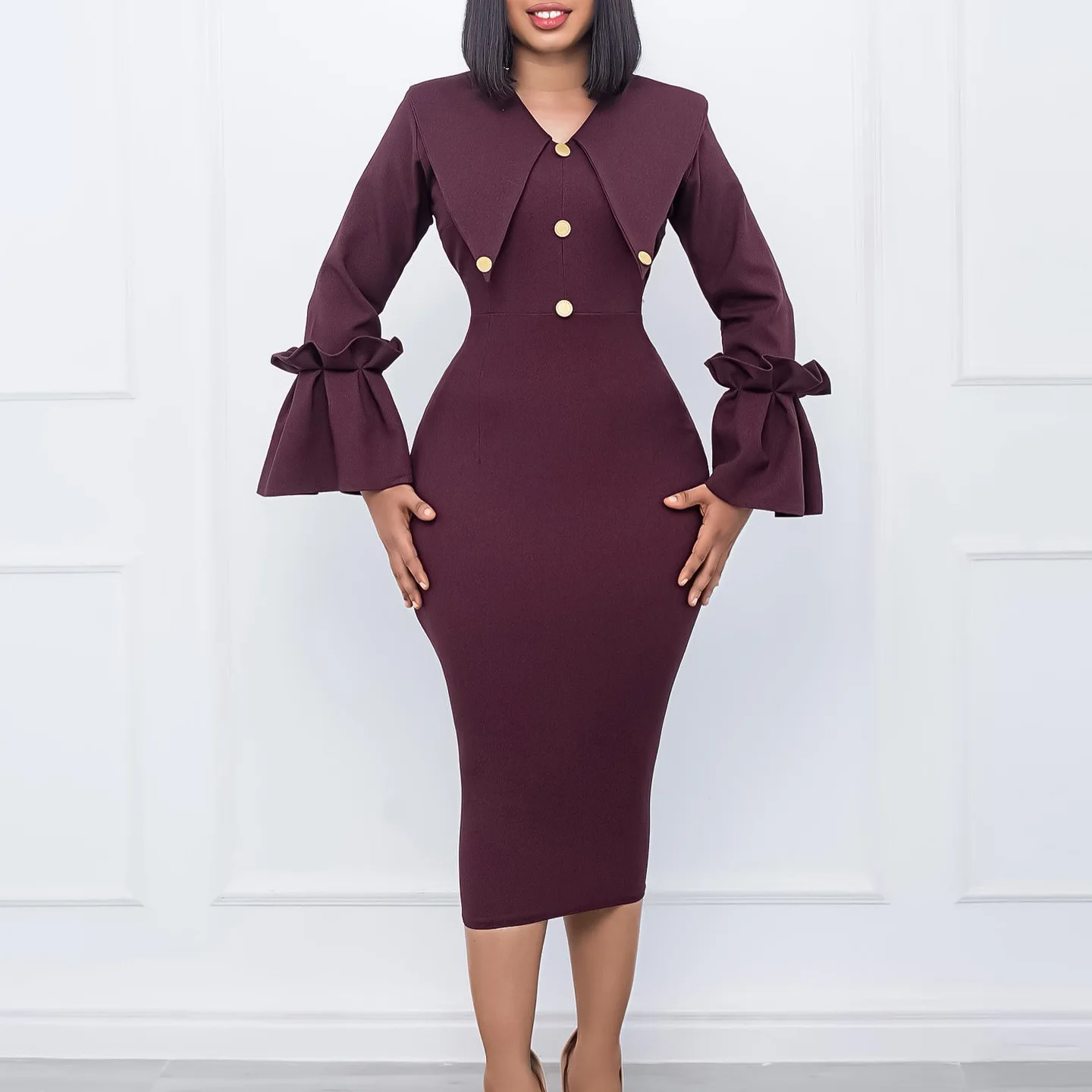 

Elegant Long Sleeve Dresses Women Bodycon V Neck Button Flare Vintage Royal Blue Black White Claret Office Lady Work Wear Dress