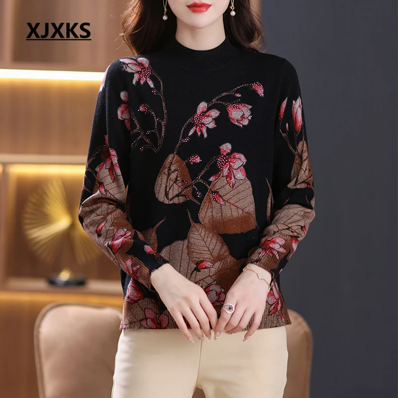 XJXKS 2022 Autumn Winter New Women's Sweater Fashion Print Delicate Diamond Semi-turtleneck Long-sleeved Wool Knit Pullover
XJXKS 2022 Autumn Winter New Women's Sweater Fashion Print Delicate Diamond Semi-turtleneck Long-sleeved Wool Knit Pullover