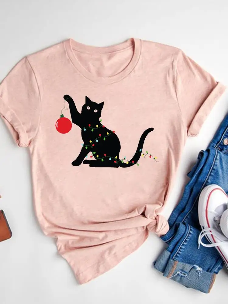 

Милая Рождественская женская футболка с рисунком кошки, футболка с принтом, Модные новогодние базовые футболки с коротким рукавом и графическим принтом