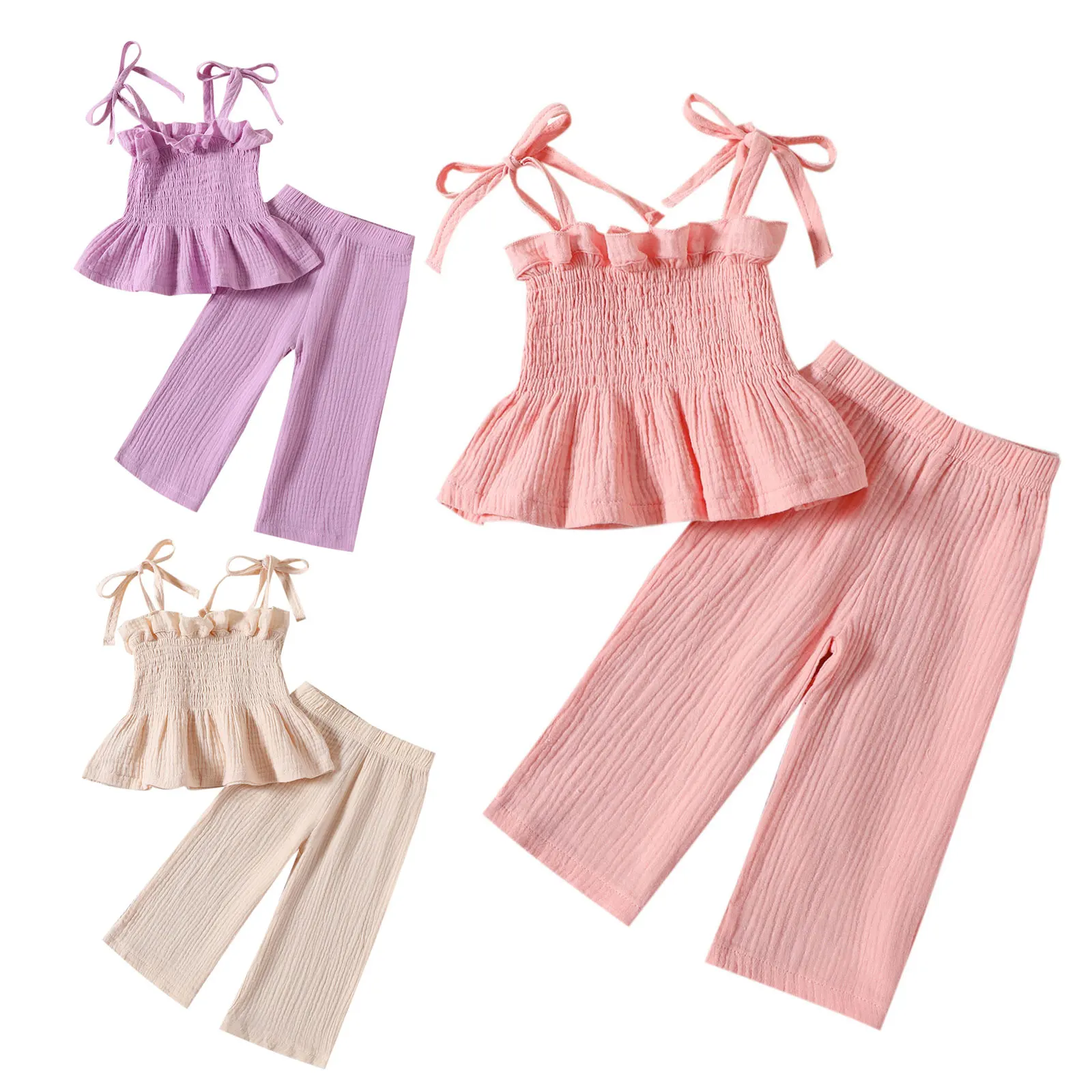 

TiaoBug Two-peice Toddler Baby Girls Clothes Set Girls Smocked Ruffle Cami Top with Wide Leg Pants Set Summer Outfit