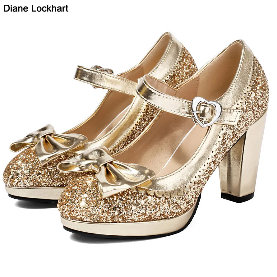 

Luxurious Sequins Lolita Bow Shoes Women Gold Silver Bride Wedding Platform Mary Janes Pumps Princess Dress Evening Party Heels