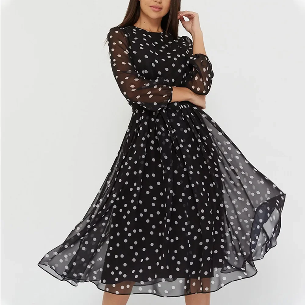 

Girls Elegant Polka Dot Dress A Line High Waist Long Sleeve Pleated Chiffon Dress Ladies Black Dotted Beach PartyWear Long Dress