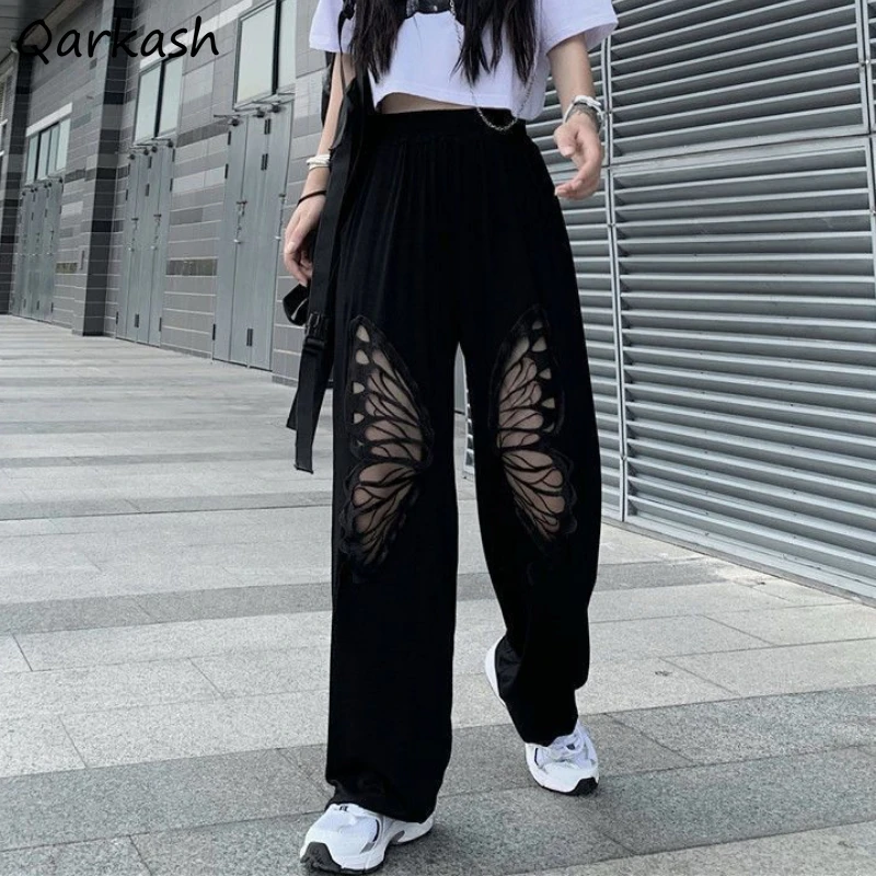 

Черные повседневные женские брюки 4XL с кружевом-бабочкой и вырезами, весенние корейские стильные женские брюки с широкими штанинами, уличная одежда свободного кроя