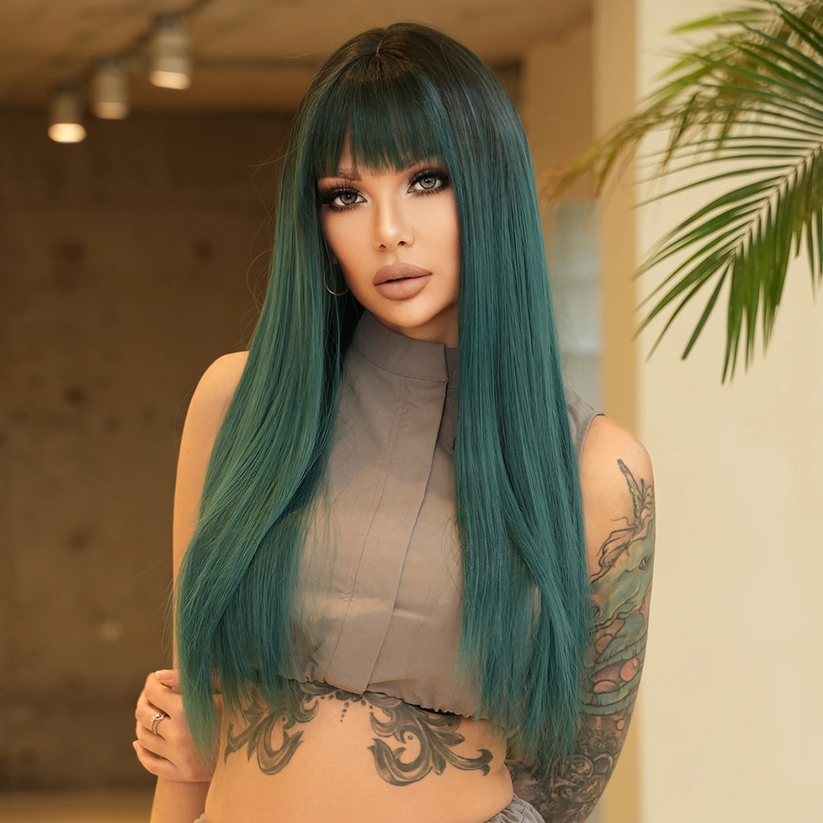 

7JHH WIGS Long Straight Ombre Dark Green Wigs for Women Dark Roots Synthetic High Density Hair Wigs with Bangs Heat Resistant