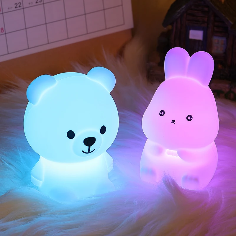 Children Night Light Cute Rabbit And Bear Mini Soft Silicone Bedroom Desktop Decor Colorful Battery Lamp Kid Christmas Gift
Children Night Light Cute Rabbit And Bear Mini Soft Silicone Bedroom Desktop Decor Colorful Battery Lamp Kid Christmas Gift