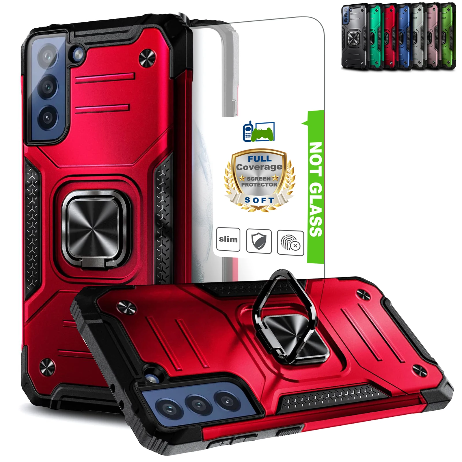 

For Samsung Galaxy S21 Plus Ultra 5G Ring Stand Case, Shockproof Armor KickStand Holder Hybrid Rugged Cover+Screen Protector