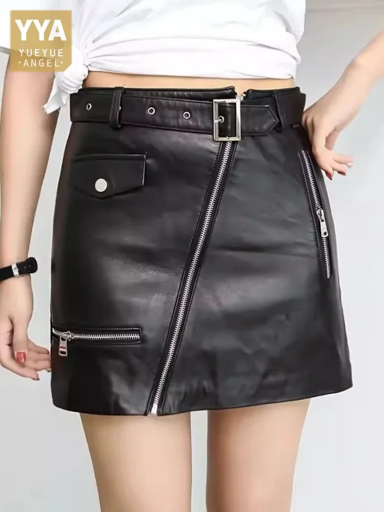 

Punk Street Spring Summer Women Sheepskin Genuine Leather Skirt High Waist Casual Zipper A-Line Black Wrap Skirts Female