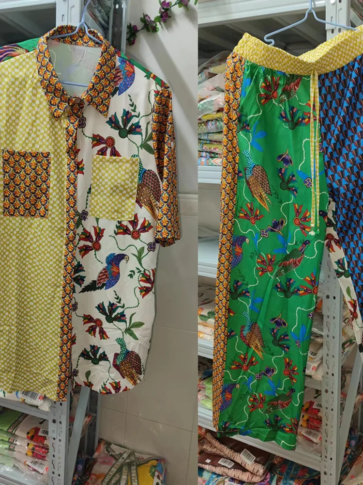 

Женский винтажный повседневный комплект из двух предметов, рубашка с коротким рукавом и принтом, блузка, топ, свободные длинные брюки, женский пляжный костюм на лето, гавайский костюм