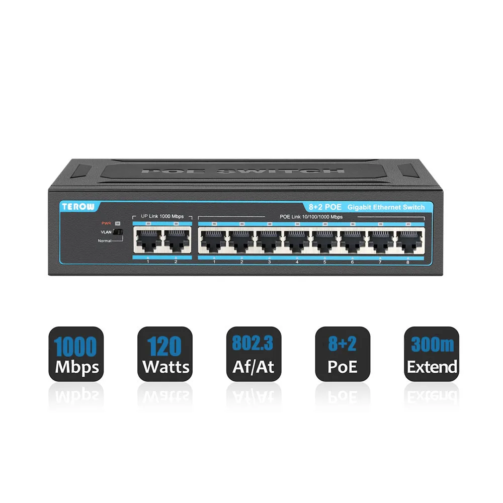 

TEROW Ethernet Switch Gigabit 100/1000Mbps POE Switch 10 Port RJ45 Fast Network Gigabit Switch for Wifi Router Ethernet Splitter