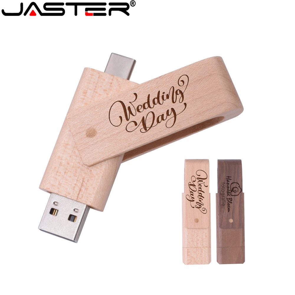 

JASTER TYPE-C Wooden USB 2.0 Flash Drives 128GB Free custom logo Pen Drive 64GB 32GB Wedding Gift Rotatable Memory Stick U disk