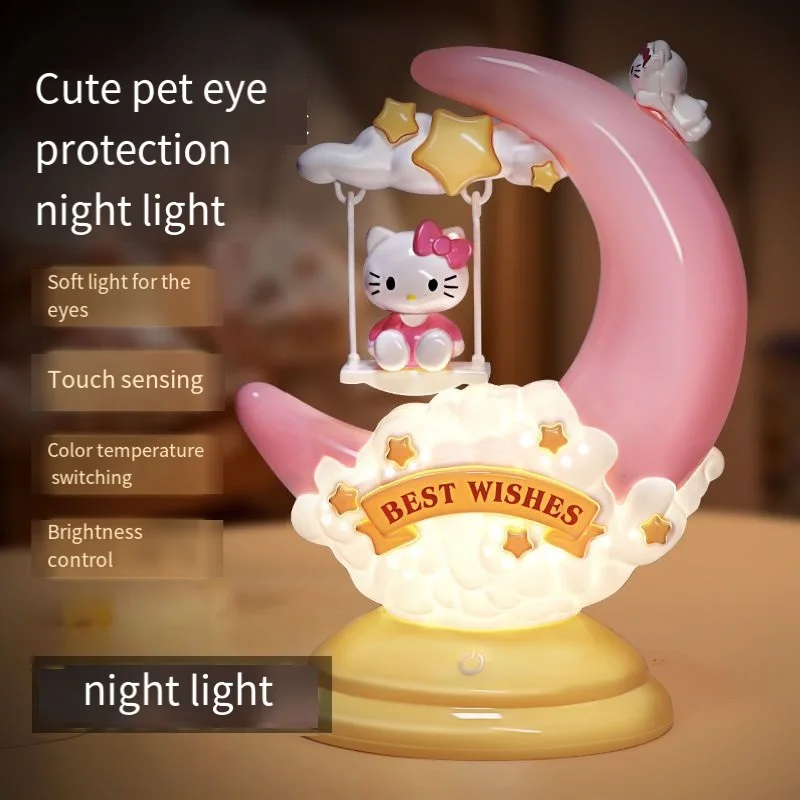 

Ночник Sanrios Hello Kittys детский, милый Настольный светодиодный светильник в виде Луны, прикроватная лампа для защиты глаз для спальни, украшение для девочек, подарок на день рождения